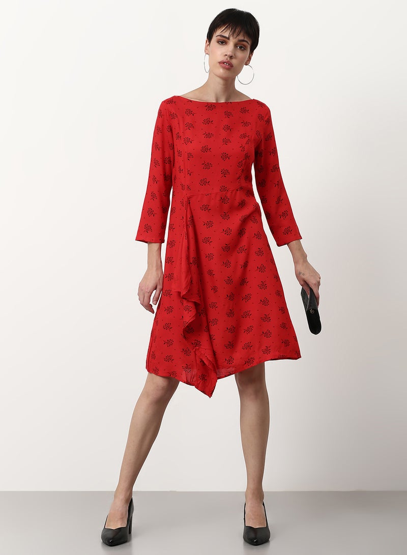 ABOF Floral Printed Regular Fit Knee Length Dress Red  - Image 3