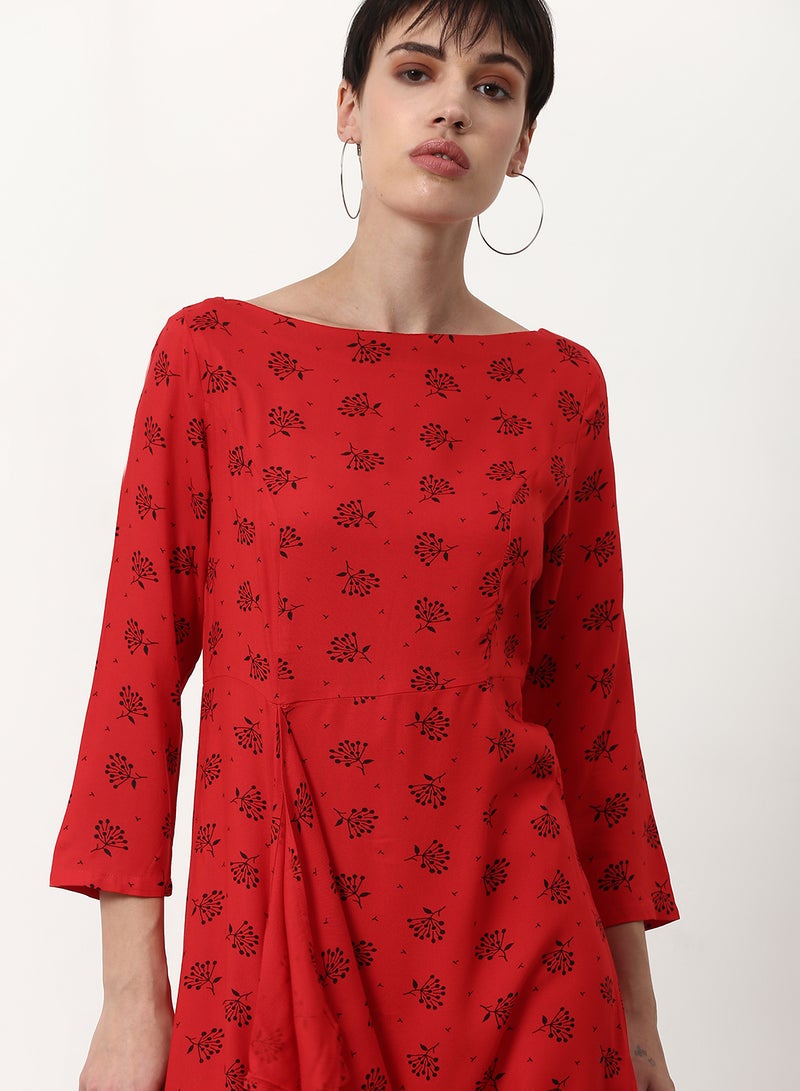 ABOF Floral Printed Regular Fit Knee Length Dress Red  - Image 4