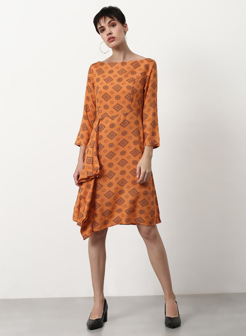 ABOF Printed Regular Fit Knee Length Dress Rust  - Image 1