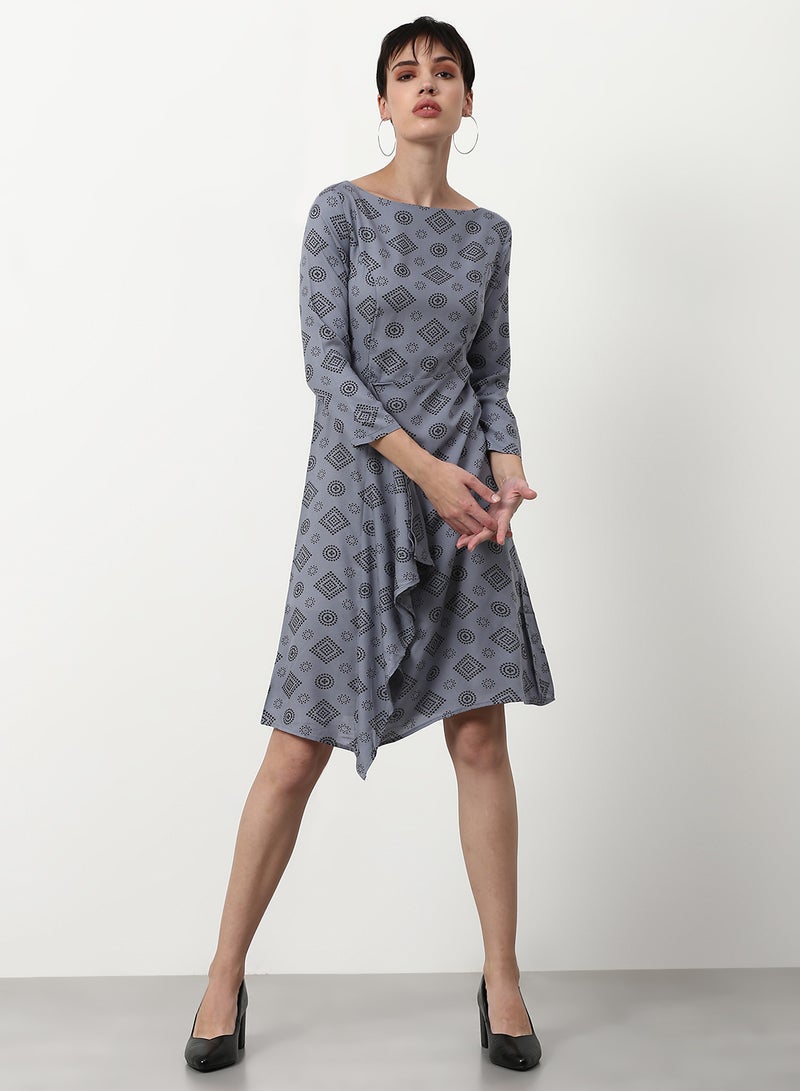 ABOF Printed Regular Fit Knee Length Dress Grey  - Image 1