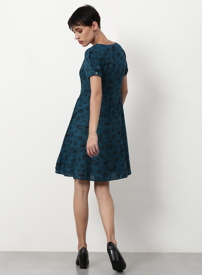ABOF Printed Regular Fit Knee Length Dress Blue  - Image 2