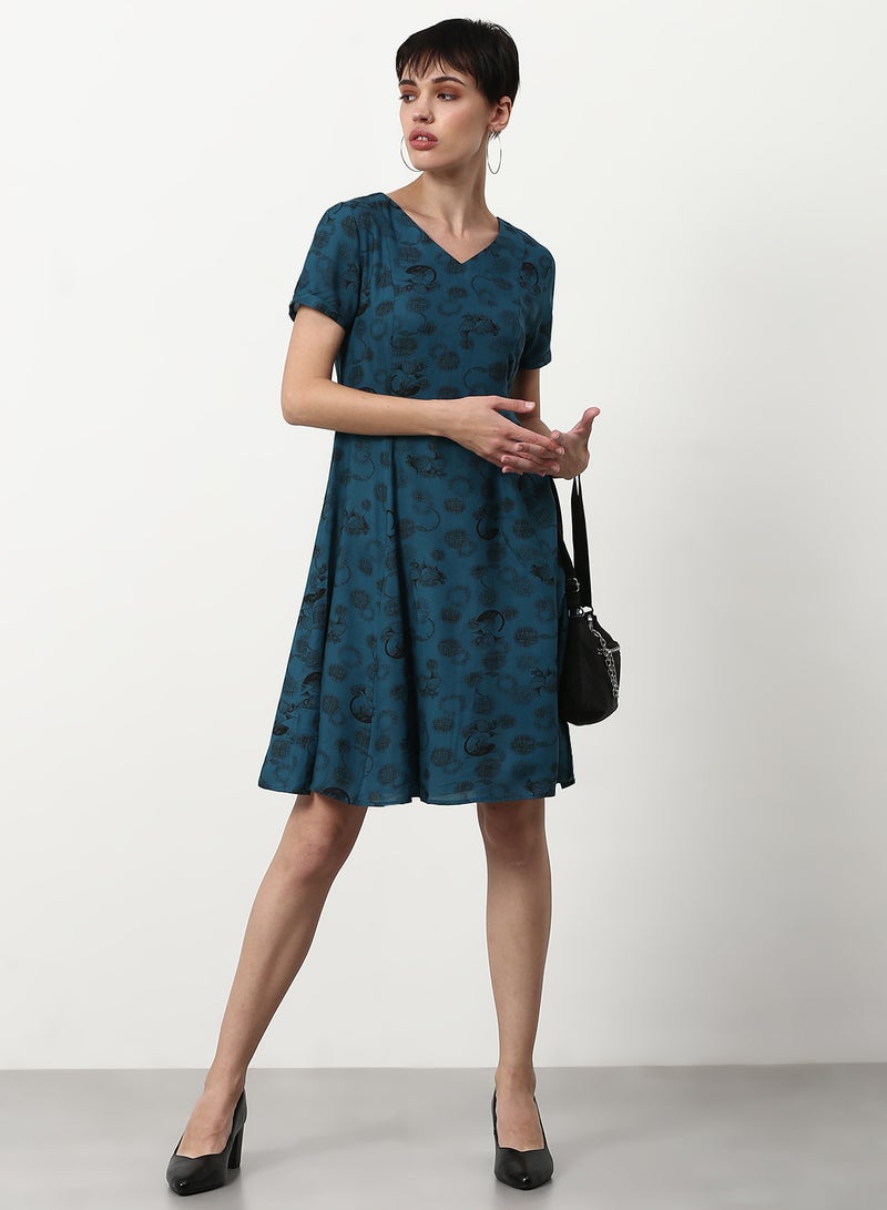 ABOF Printed Regular Fit Knee Length Dress Blue  - Image 3