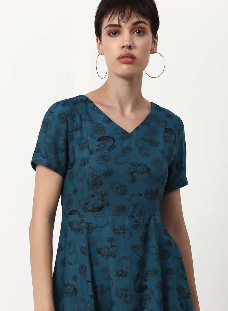 ABOF Printed Regular Fit Knee Length Dress Blue  - Image 4
