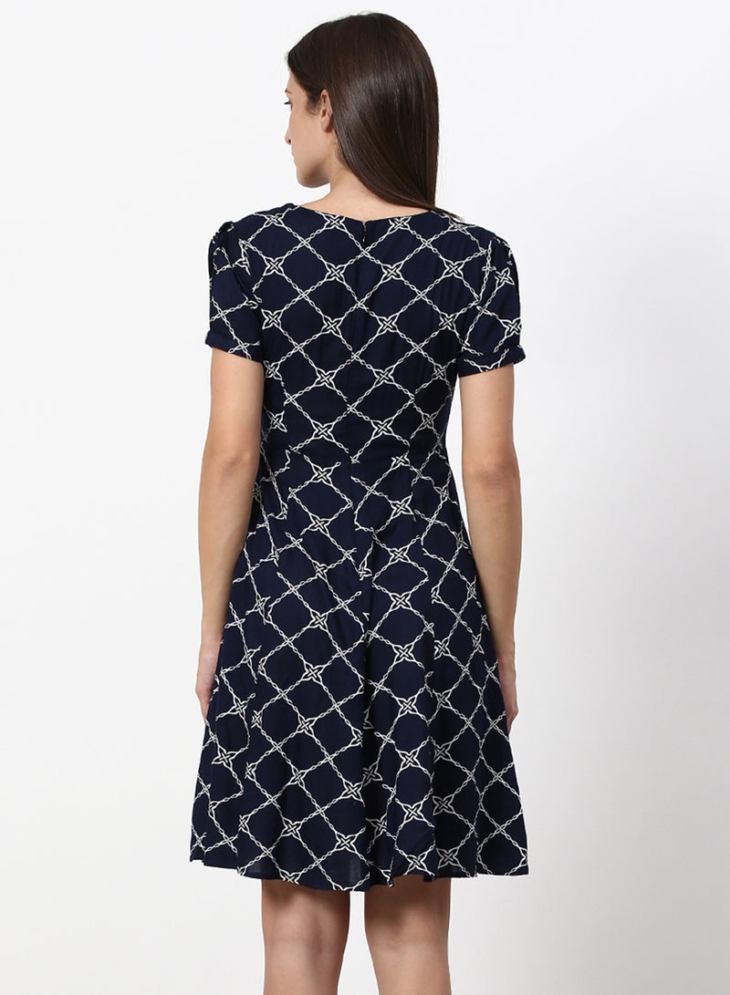 ABOF - Printed Regular Fit Mini Dress Navy - Image 1