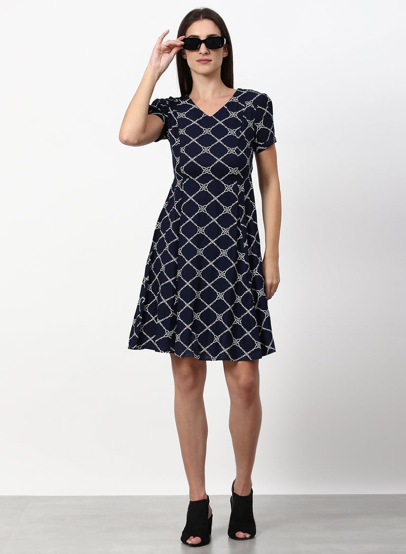 ABOF - Printed Regular Fit Mini Dress Navy - Image 1