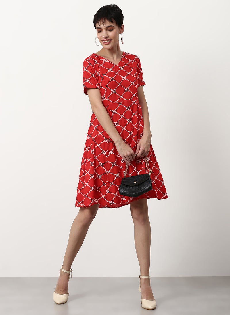 ABOF Printed Regular Fit Midi Dress Red - Image 3