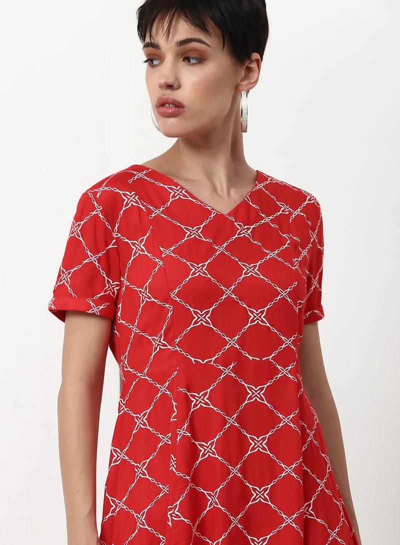 ABOF Printed Regular Fit Midi Dress Red - Image 4