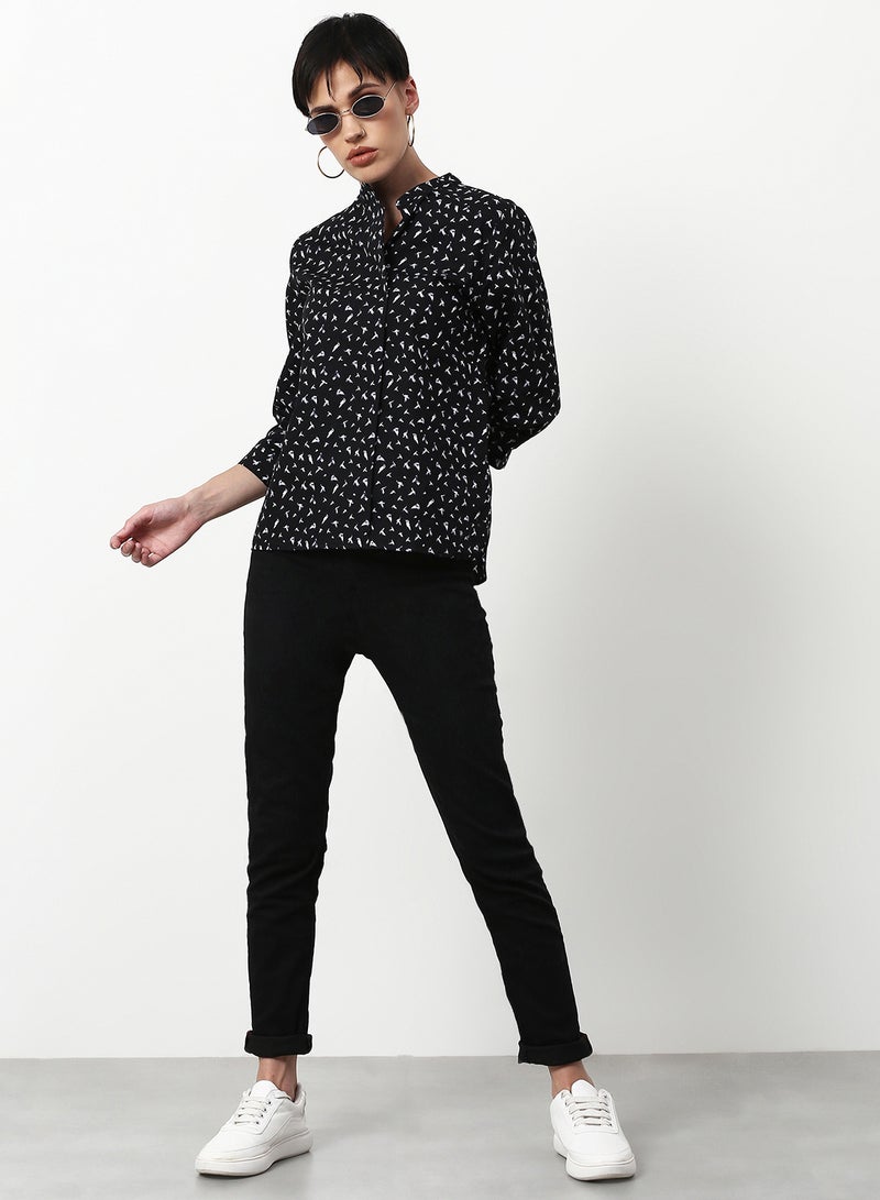 ABOF Printed Regular Fit Woven Top Black Multicolor - Image 3
