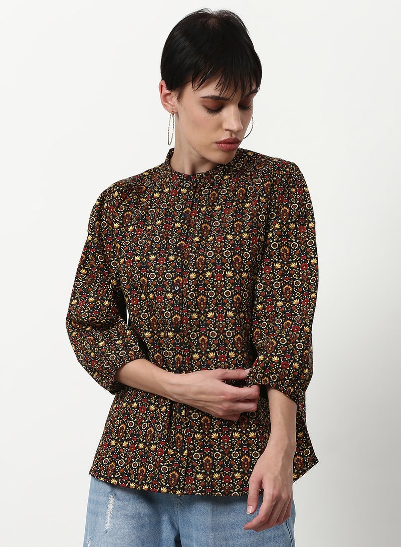 ABOF Printed Casual Woven Top Dark Brown Multicolor - Image 1