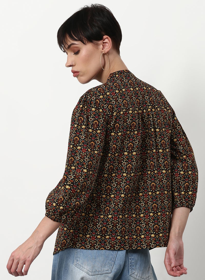 ABOF Printed Casual Woven Top Dark Brown Multicolor - Image 2