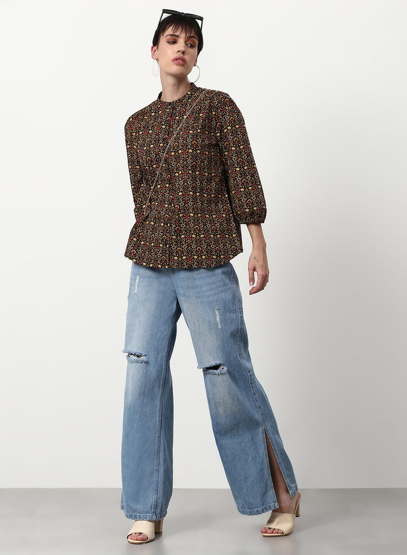 ABOF Printed Casual Woven Top Dark Brown Multicolor - Image 3