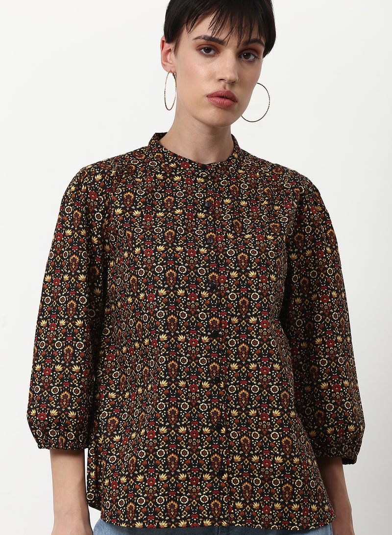 ABOF Printed Casual Woven Top Dark Brown Multicolor - Image 4