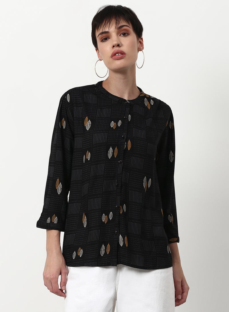 ABOF Printed Casual Woven Top Black - Image 1