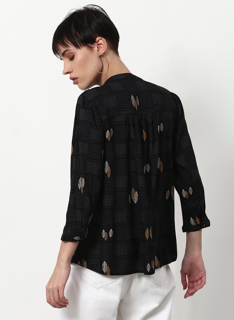 ABOF Printed Casual Woven Top Black - Image 2
