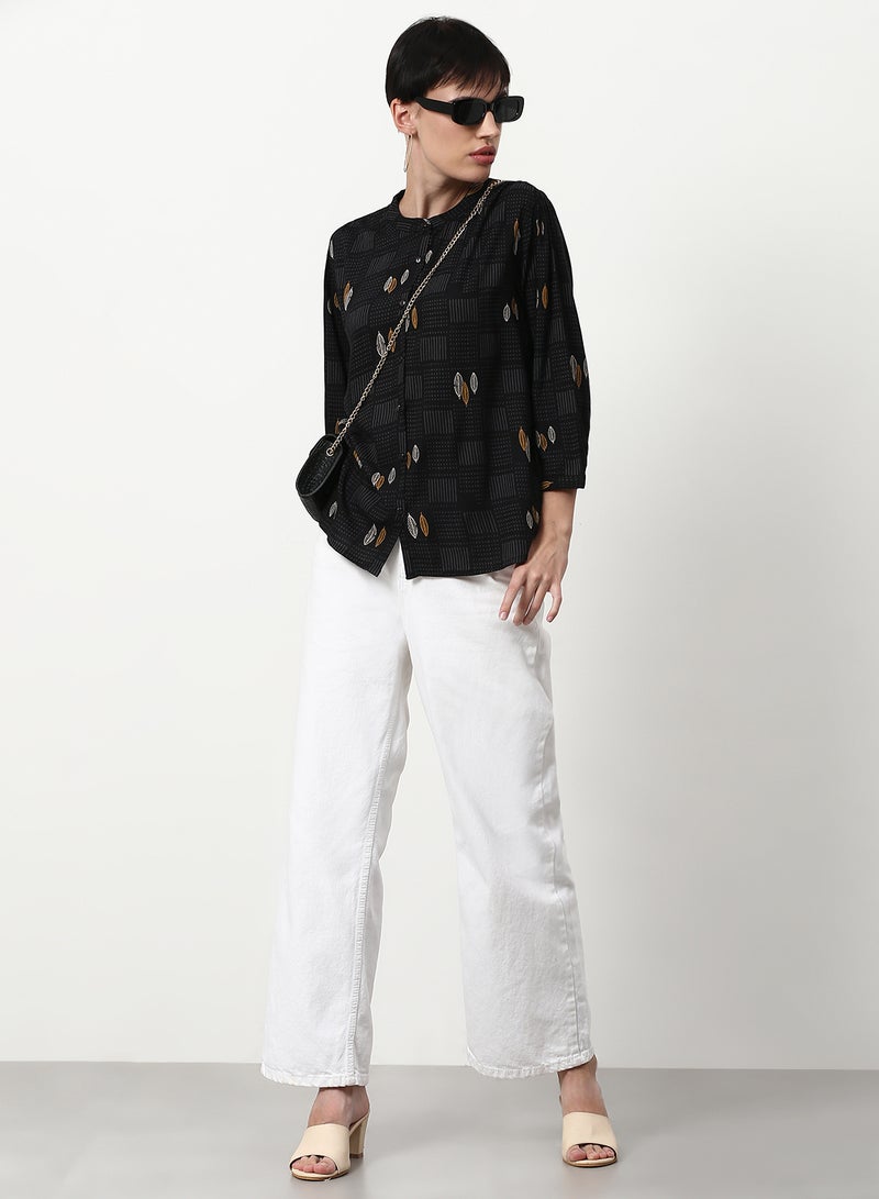 ABOF Printed Casual Woven Top Black - Image 3