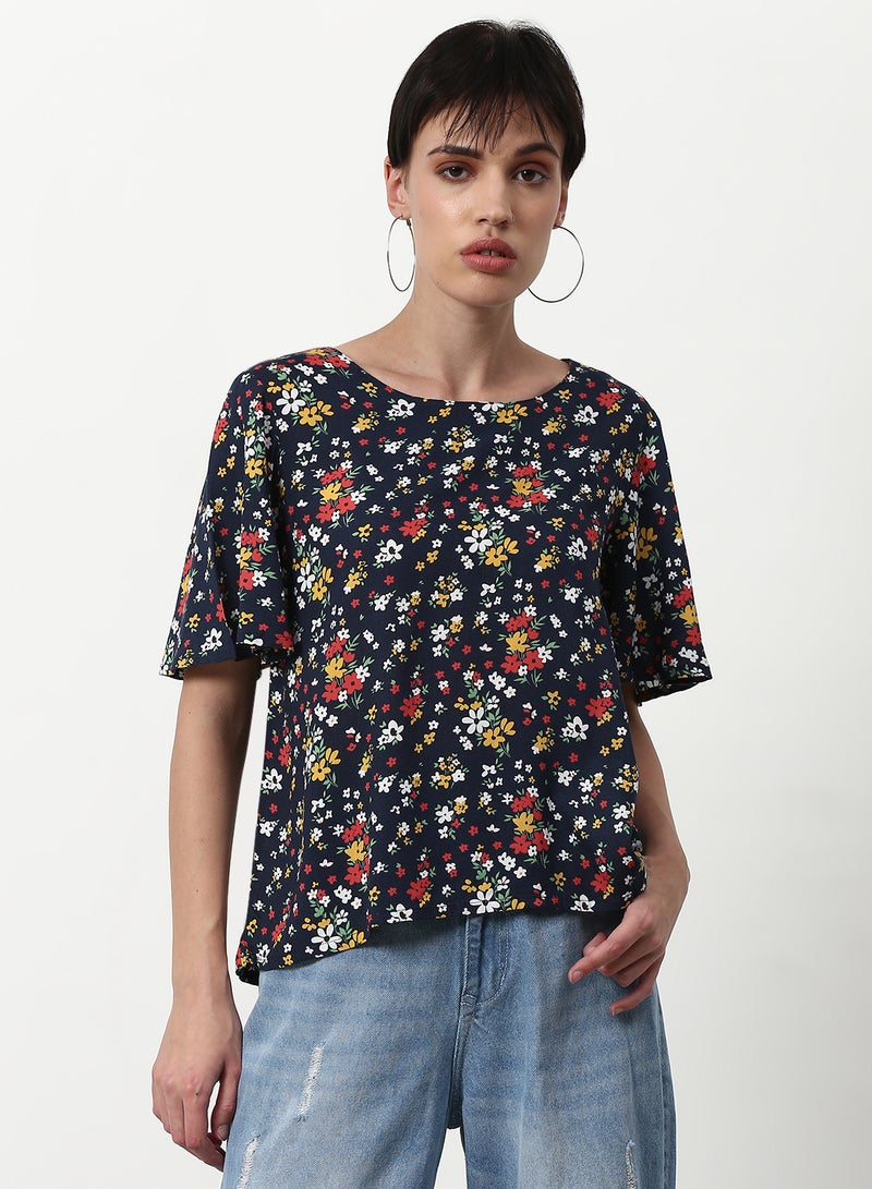 ABOF Floral Printed Casual Woven Top Navy  - Image 1