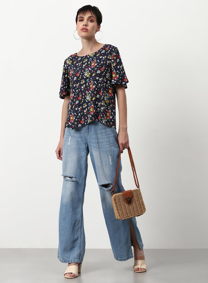 ABOF Floral Printed Casual Woven Top Navy  - Image 3