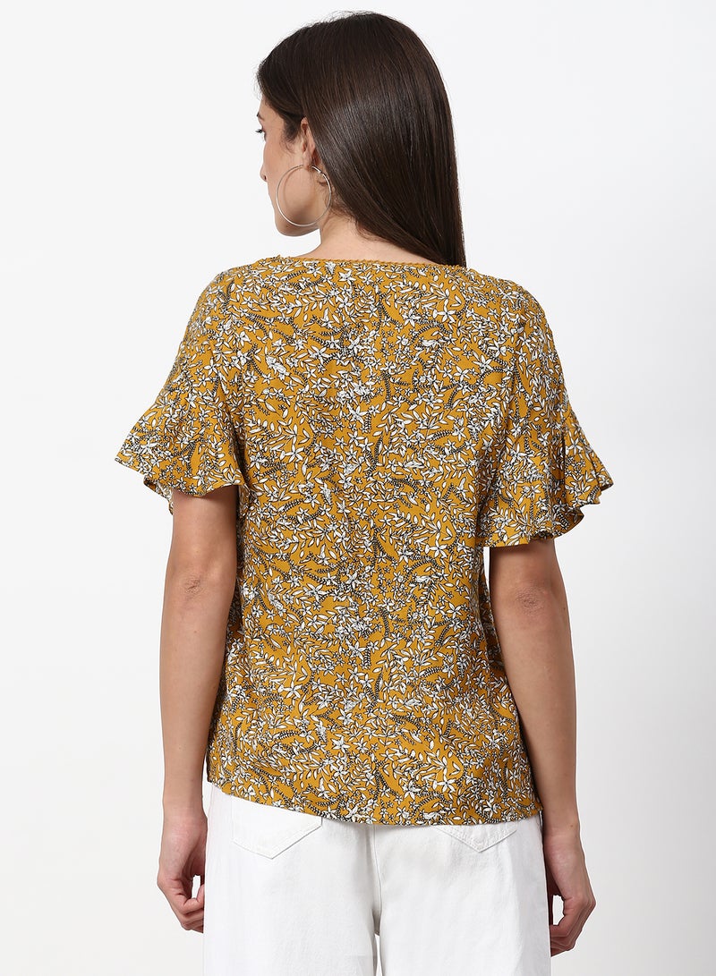 ABOF Printed Regular Fit Woven Top Mustard/White  - Image 2