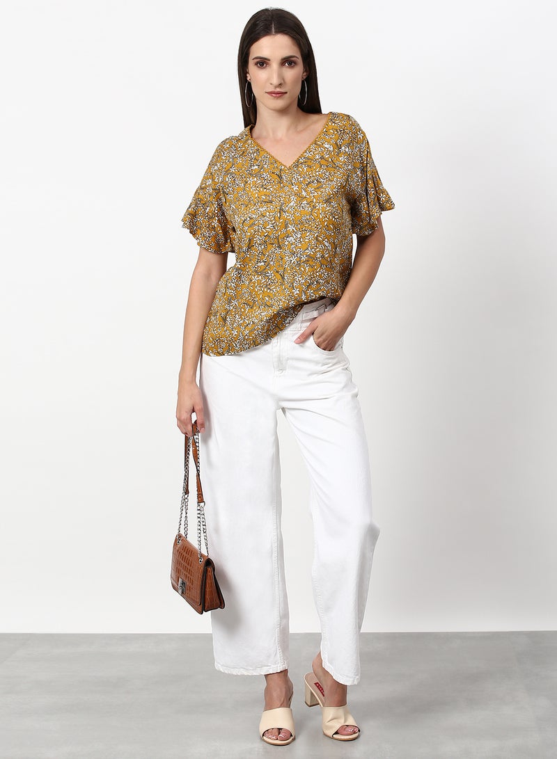 ABOF Printed Regular Fit Woven Top Mustard/White  - Image 3