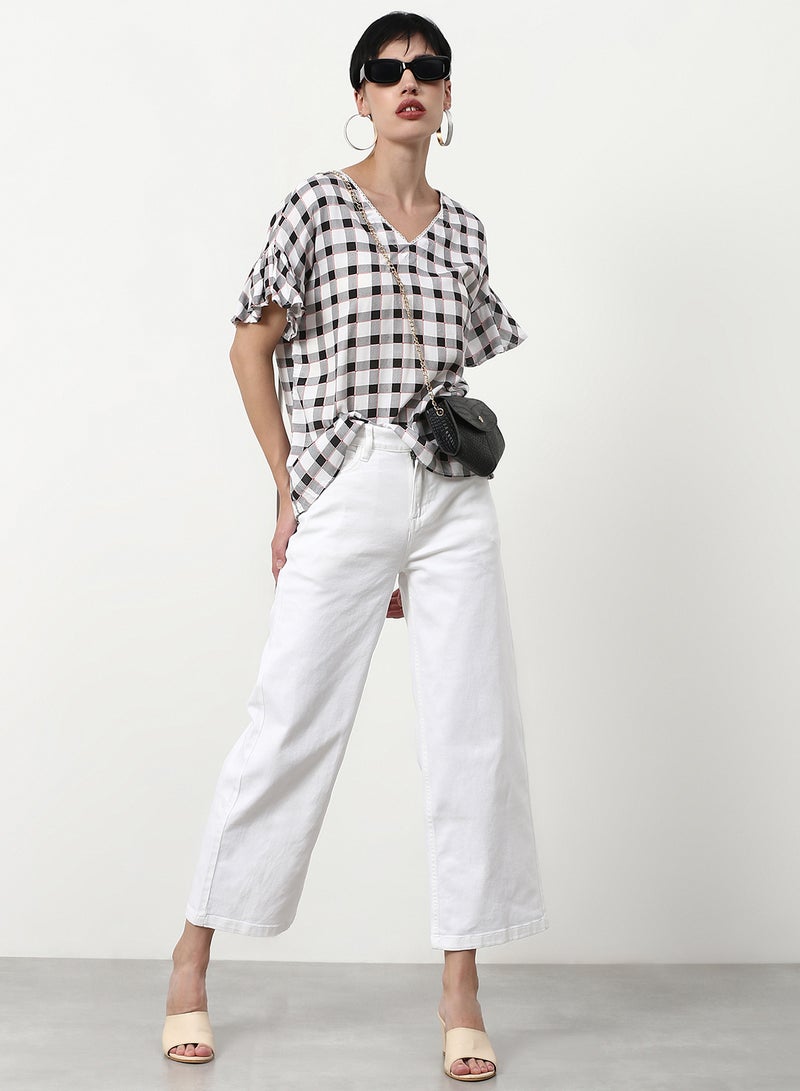 ABOF Checked Printed Regular Fit Woven Top White  - Image 4