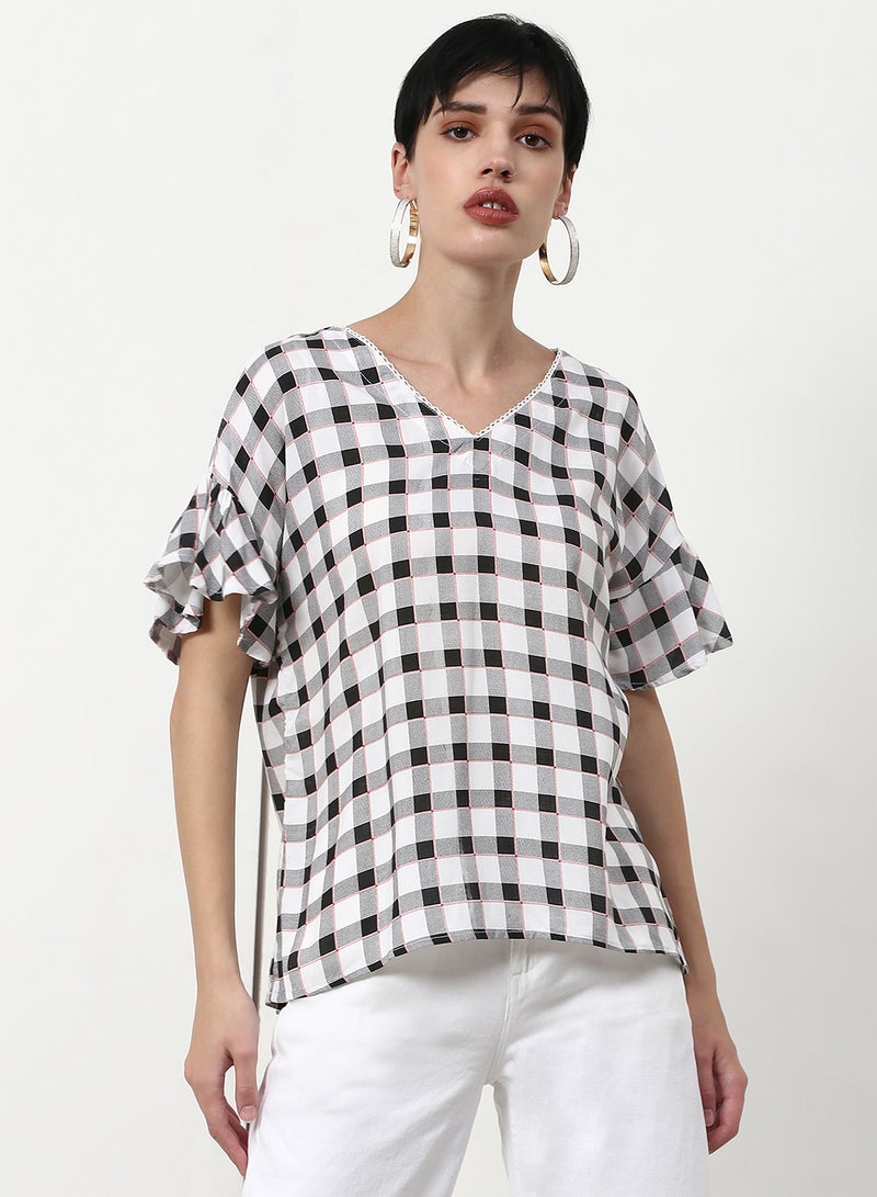 ABOF Checked Printed Regular Fit Woven Top White  - Image 1