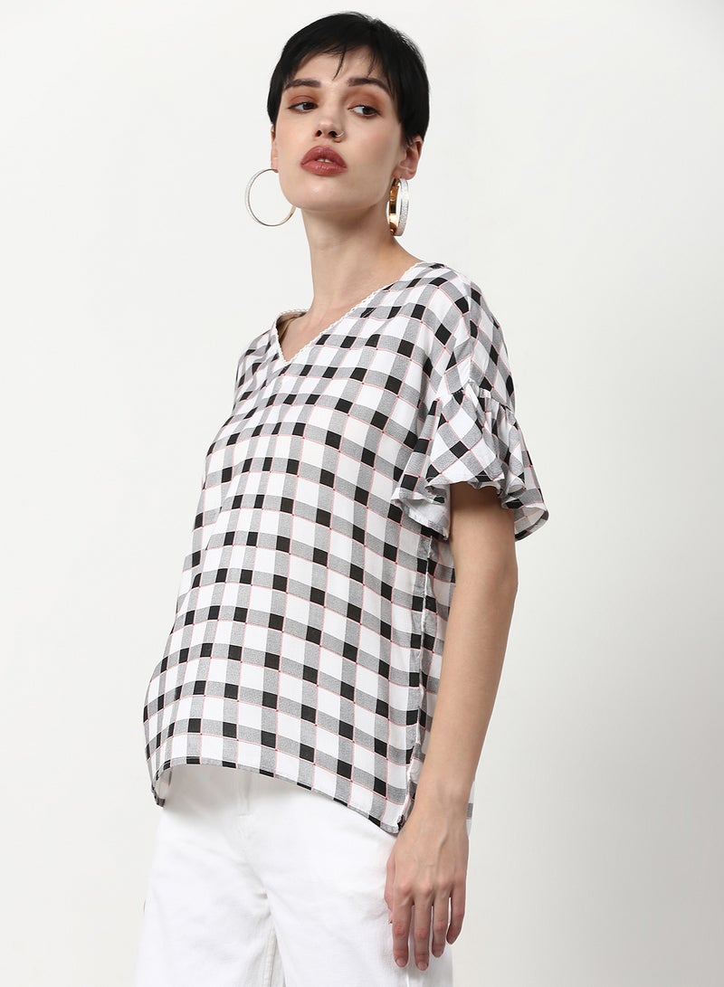 ABOF Checked Printed Regular Fit Woven Top White  - Image 3