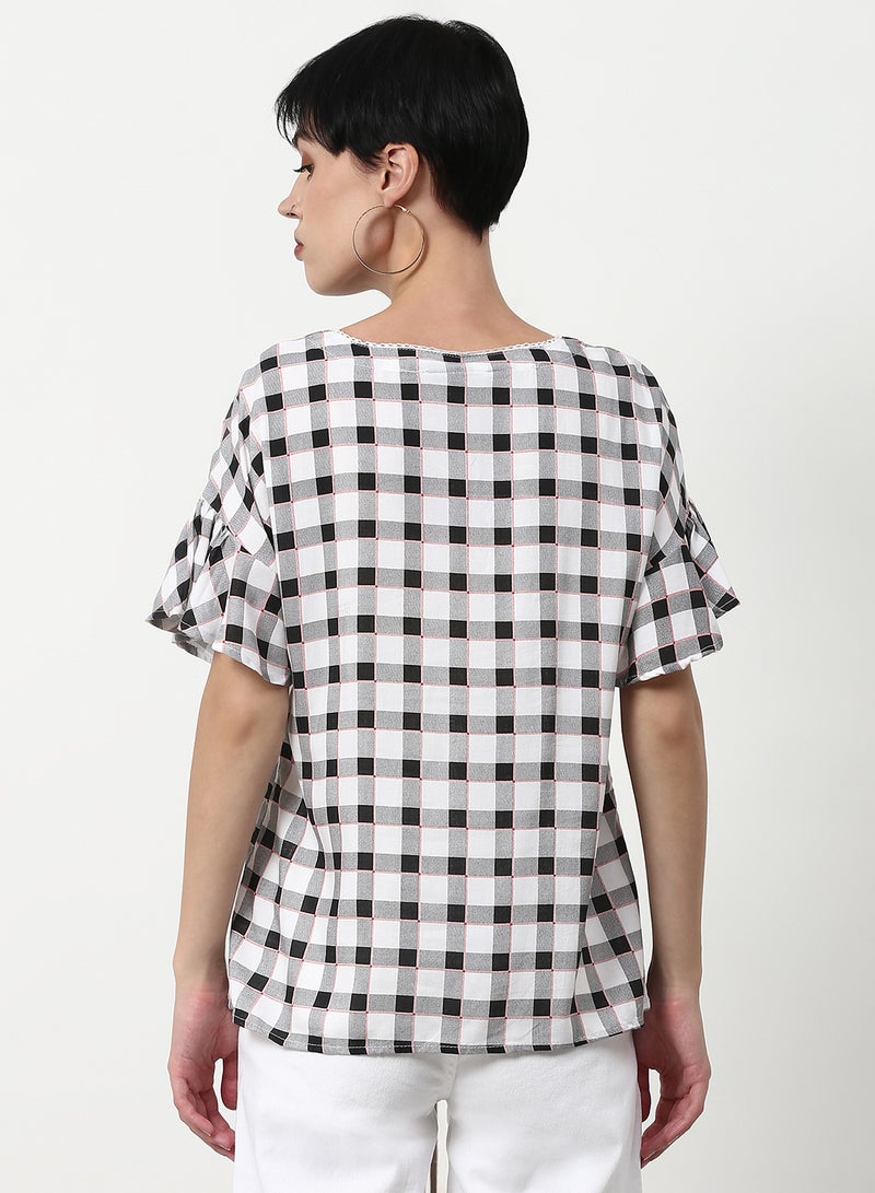 ABOF Checked Printed Regular Fit Woven Top White  - Image 2