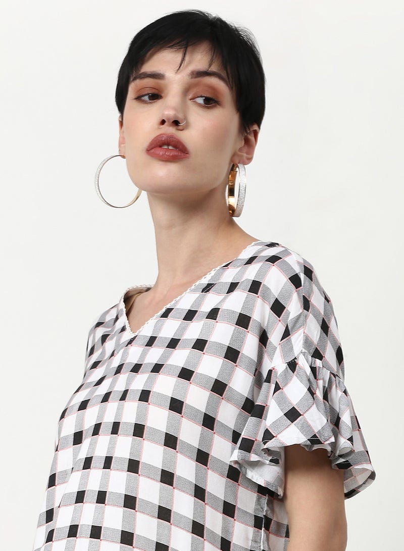 ABOF Checked Printed Regular Fit Woven Top White  - Image 5
