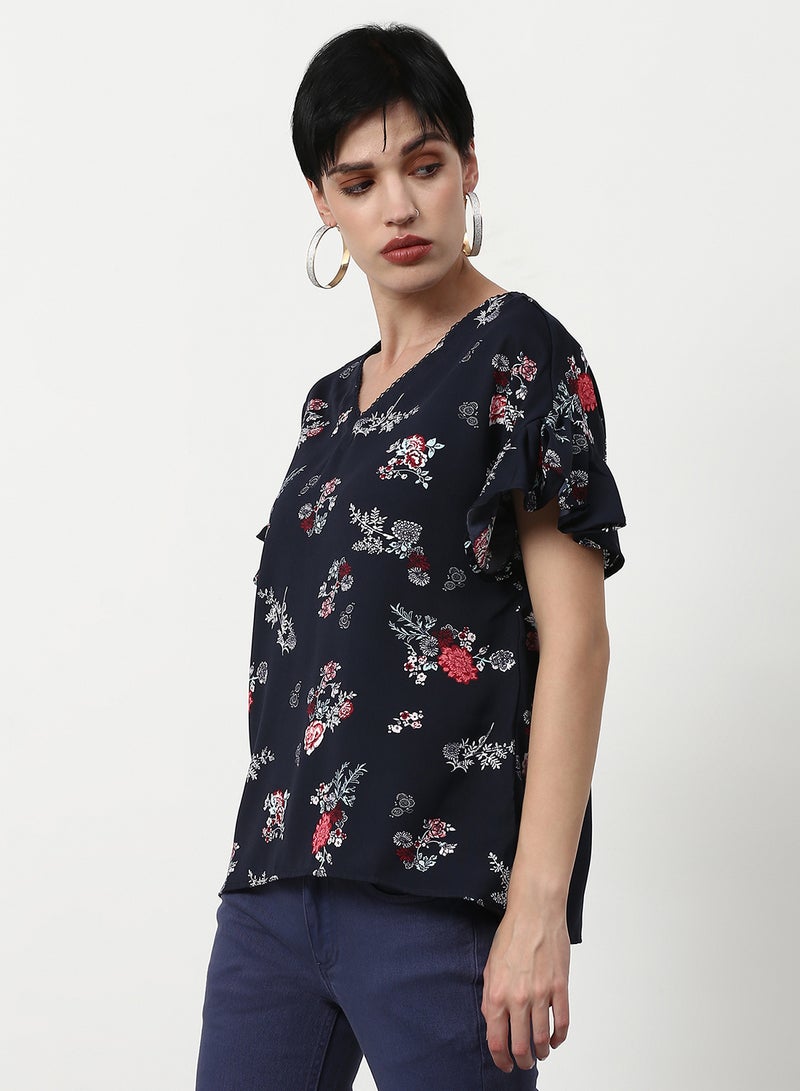 ABOF Floral Printed Regular Fit Woven Top Navy  - Image 3