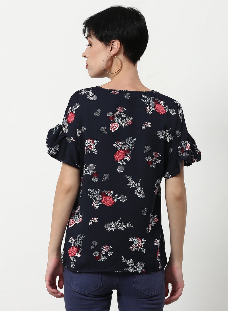 ABOF Floral Printed Regular Fit Woven Top Navy  - Image 2
