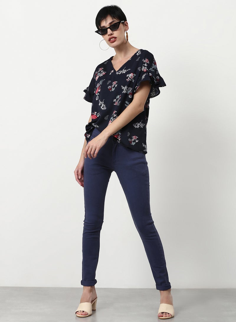 ABOF Floral Printed Regular Fit Woven Top Navy  - Image 4