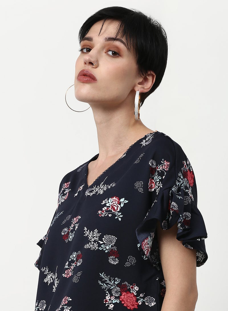 ABOF Floral Printed Regular Fit Woven Top Navy  - Image 5