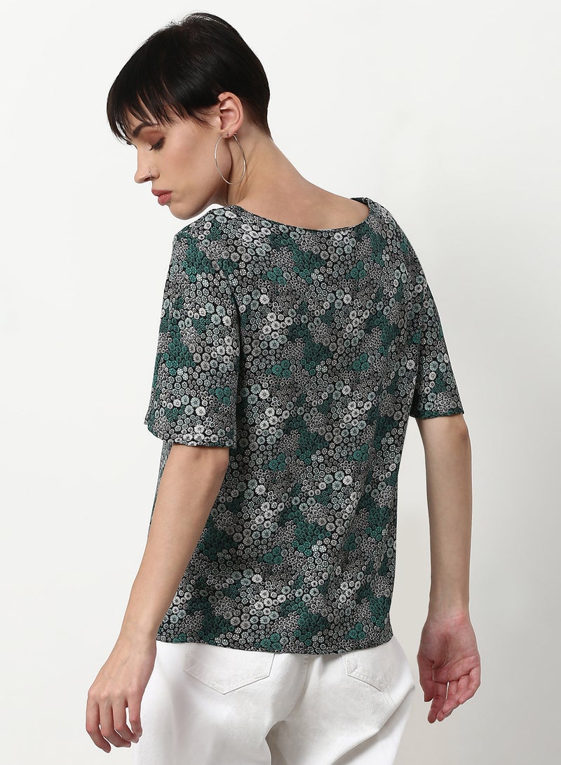 Printed Regular Fit Woven Top Dark Grey