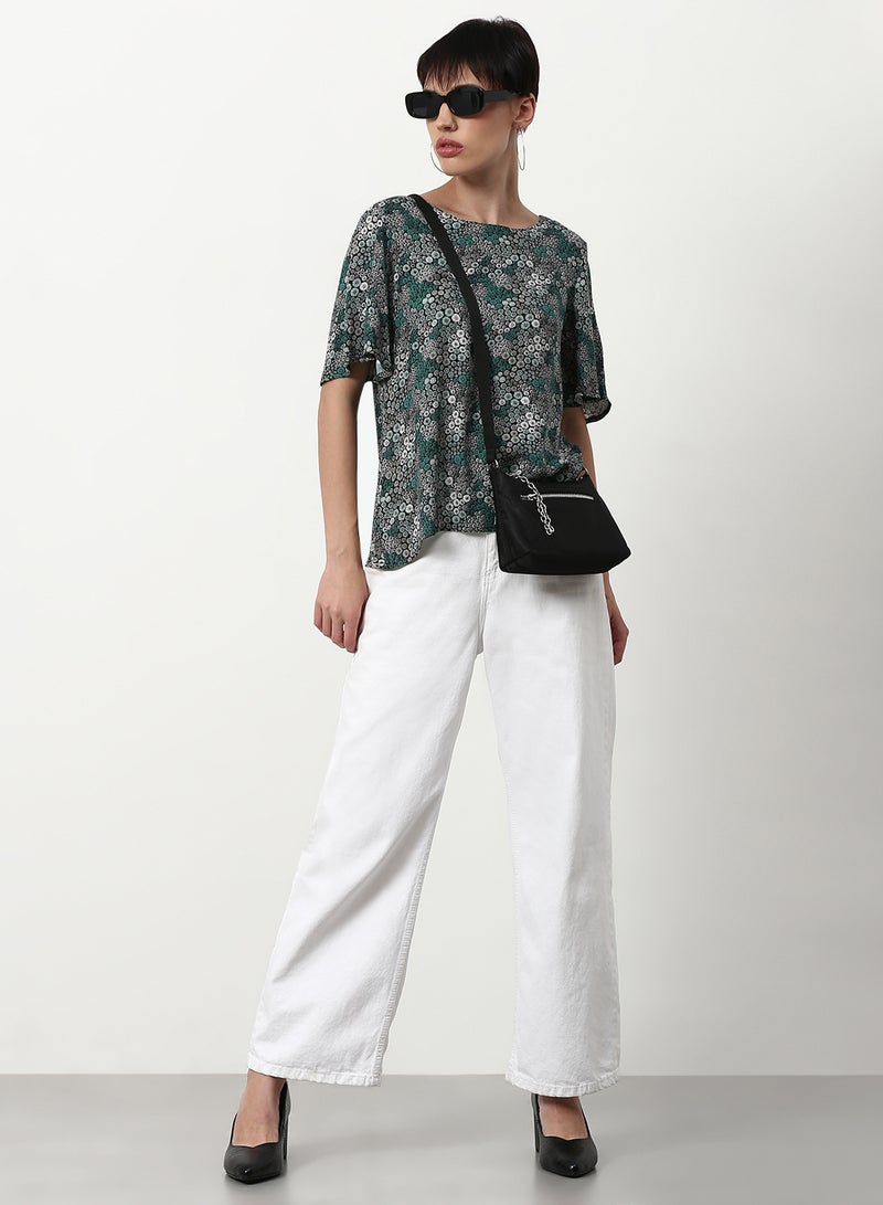 Printed Regular Fit Woven Top Dark Grey