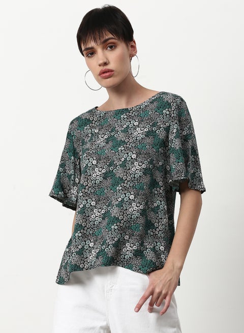 Printed Regular Fit Woven Top Dark Grey