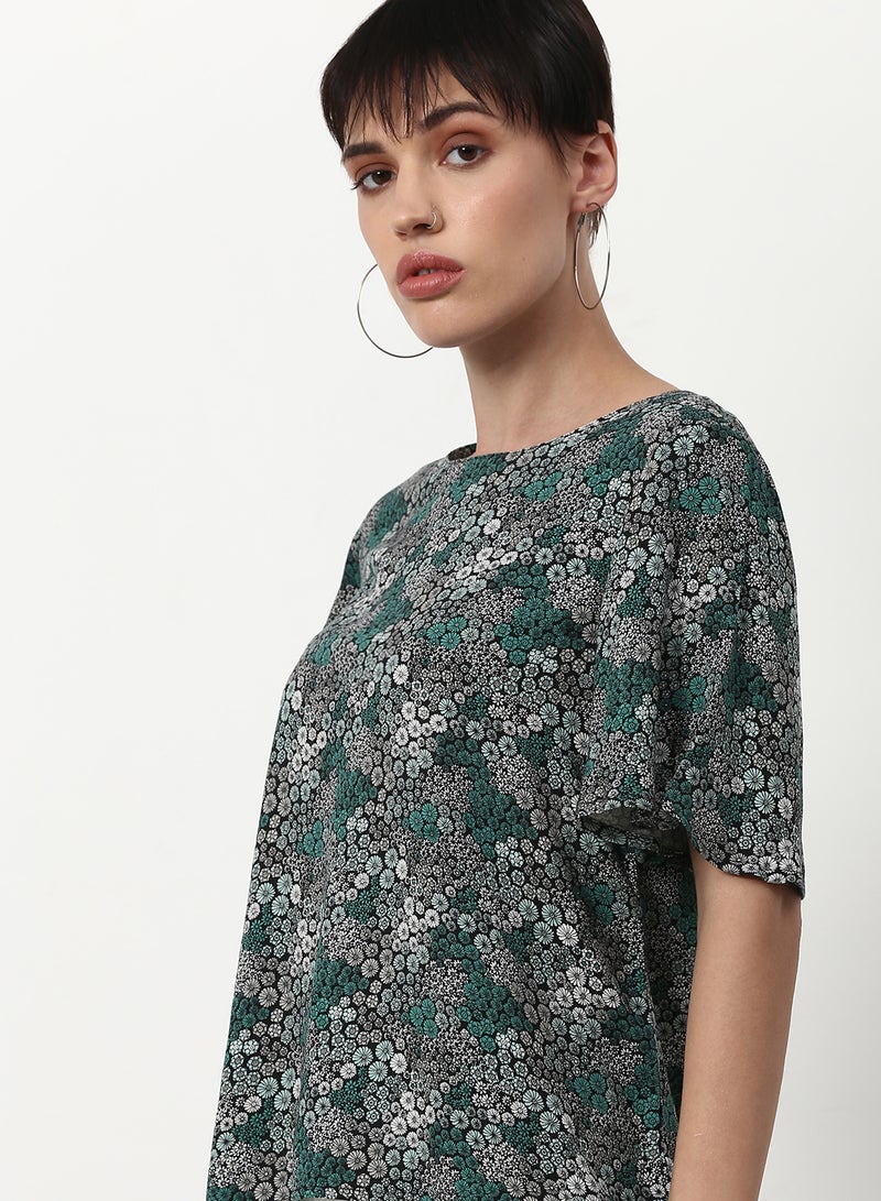 Printed Regular Fit Woven Top Dark Grey