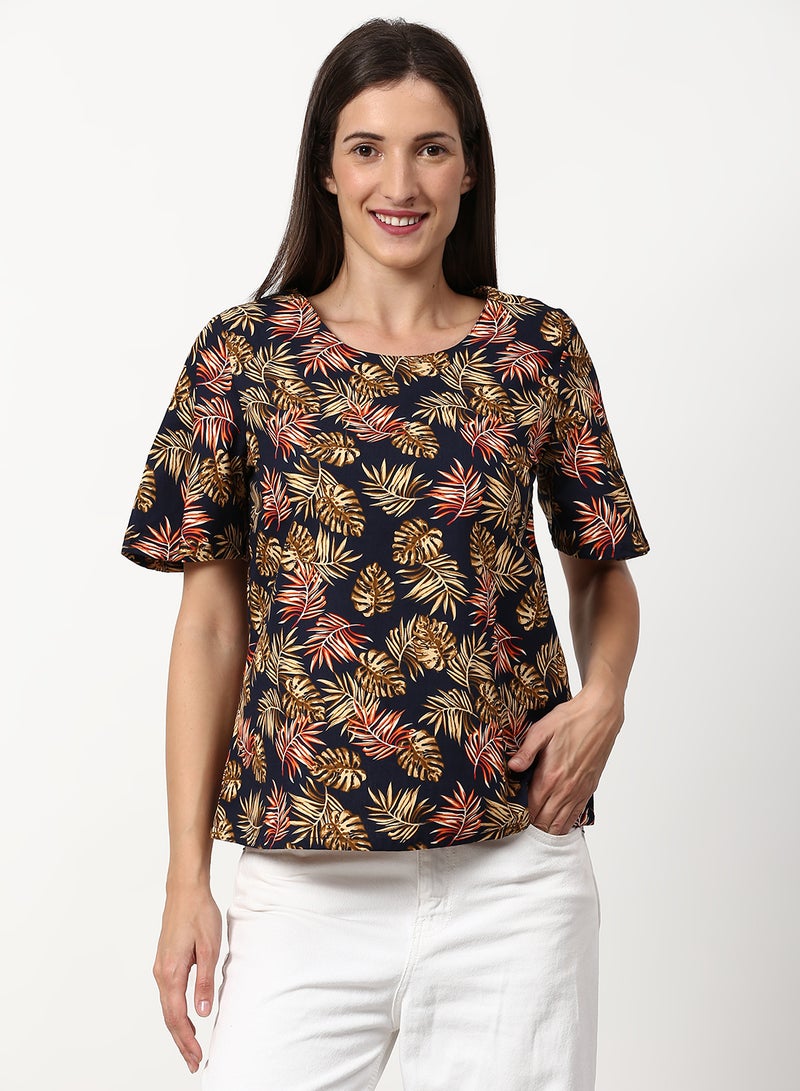 ABOF Printed Regular Fit Woven Top Navy  - Image 1