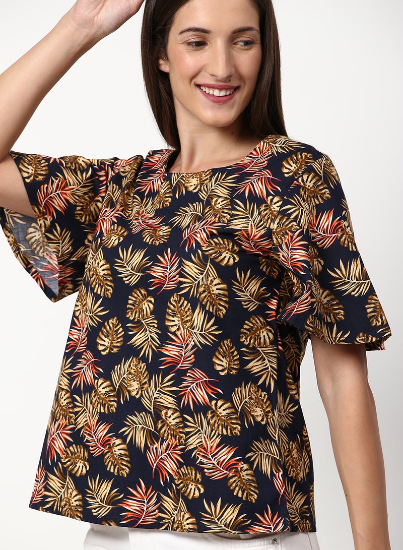 ABOF Printed Regular Fit Woven Top Navy  - Image 4