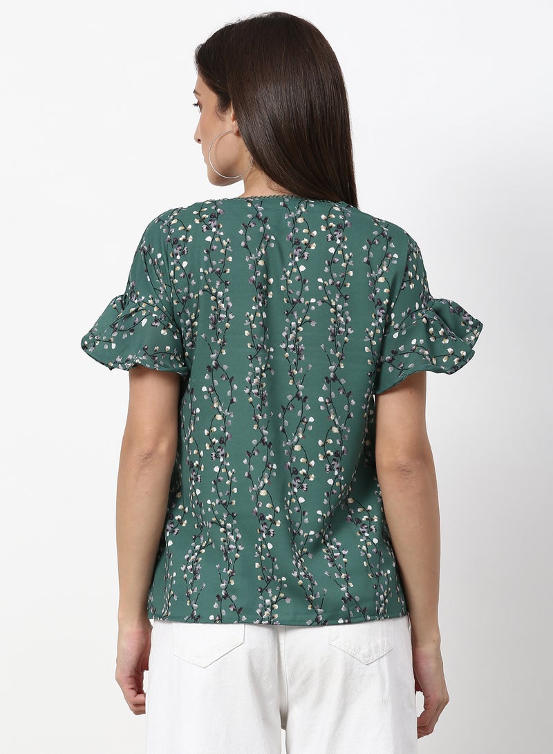 ABOF Floral Printed Casual Woven Top Green  - Image 2