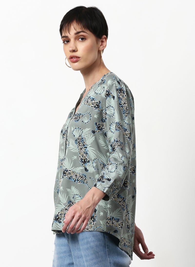ABOF Printed Casual Woven Top Dark Grey - Image 1