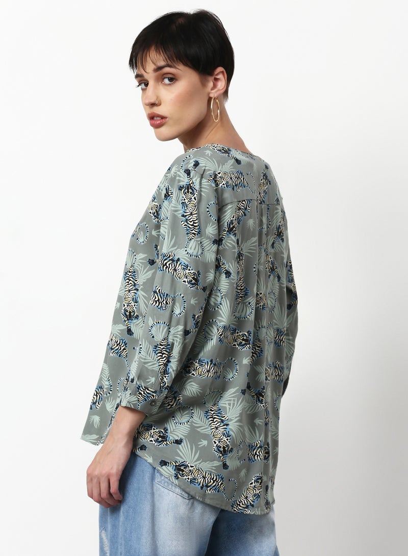 ABOF Printed Casual Woven Top Dark Grey - Image 2
