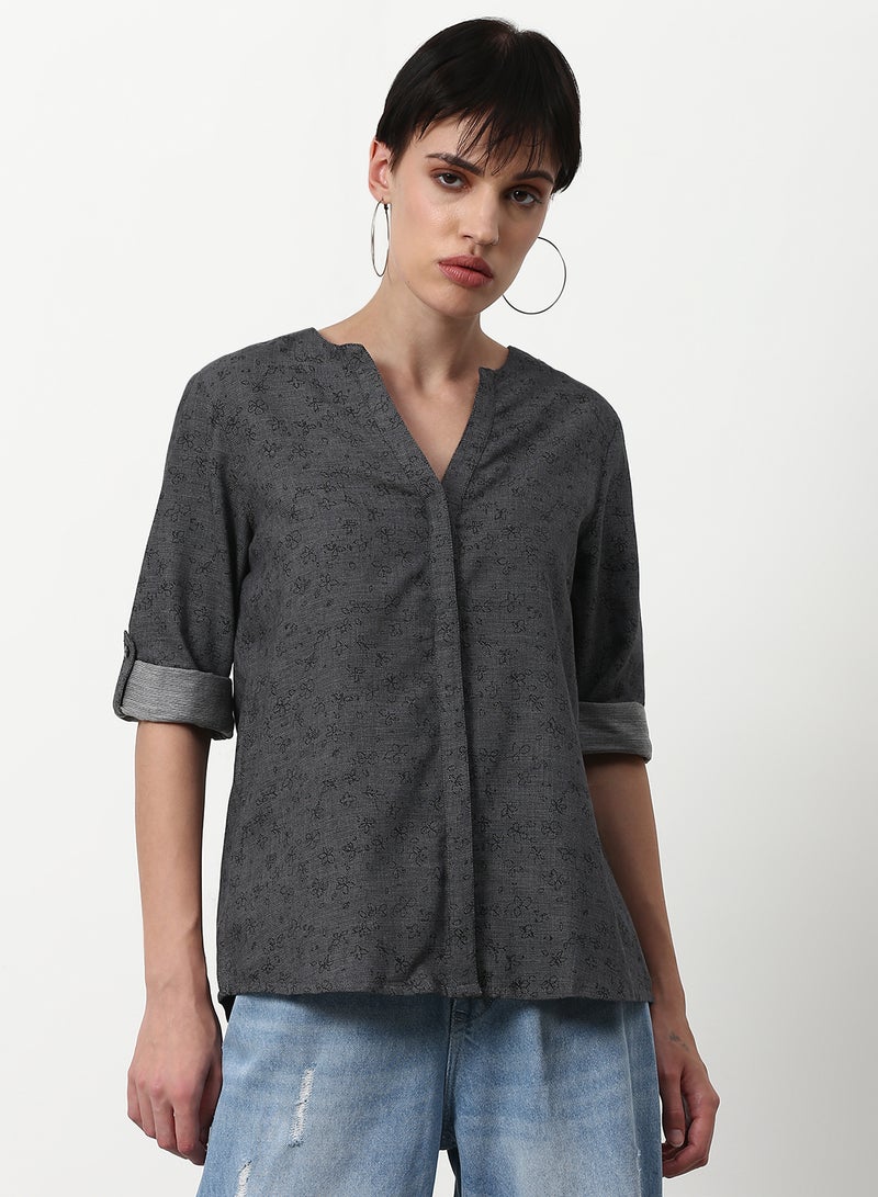 ABOF Printed Casual Woven Top Dark Grey  - Image 1
