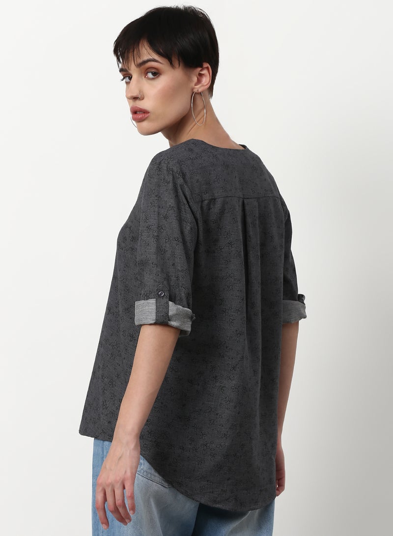 ABOF Printed Casual Woven Top Dark Grey  - Image 2