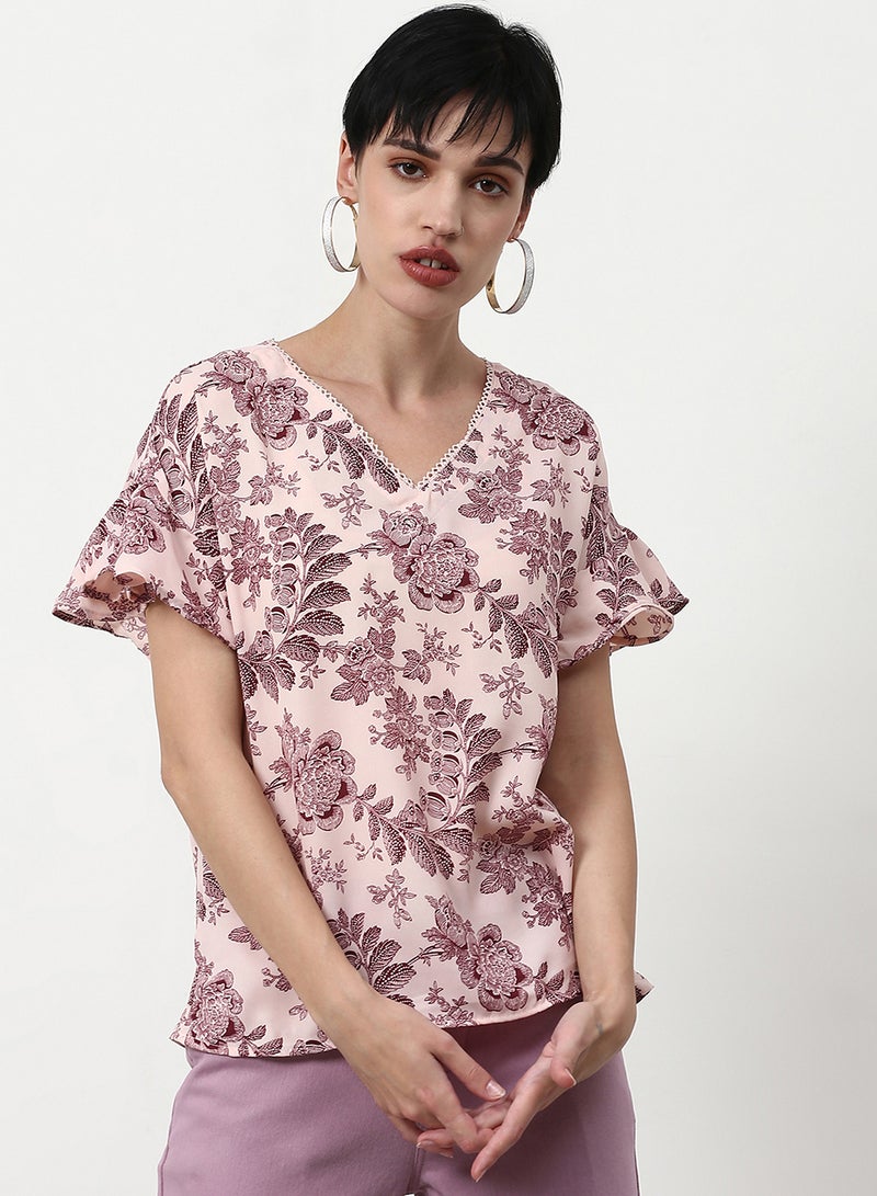 ABOF Floral Printed Casual Woven Top Pink  - Image 1