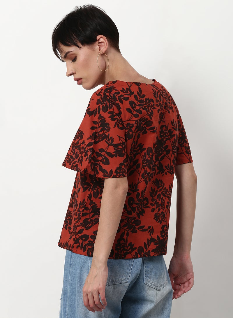 ABOF Printed Casual Woven Top Red Floral Multicolor - Image 2