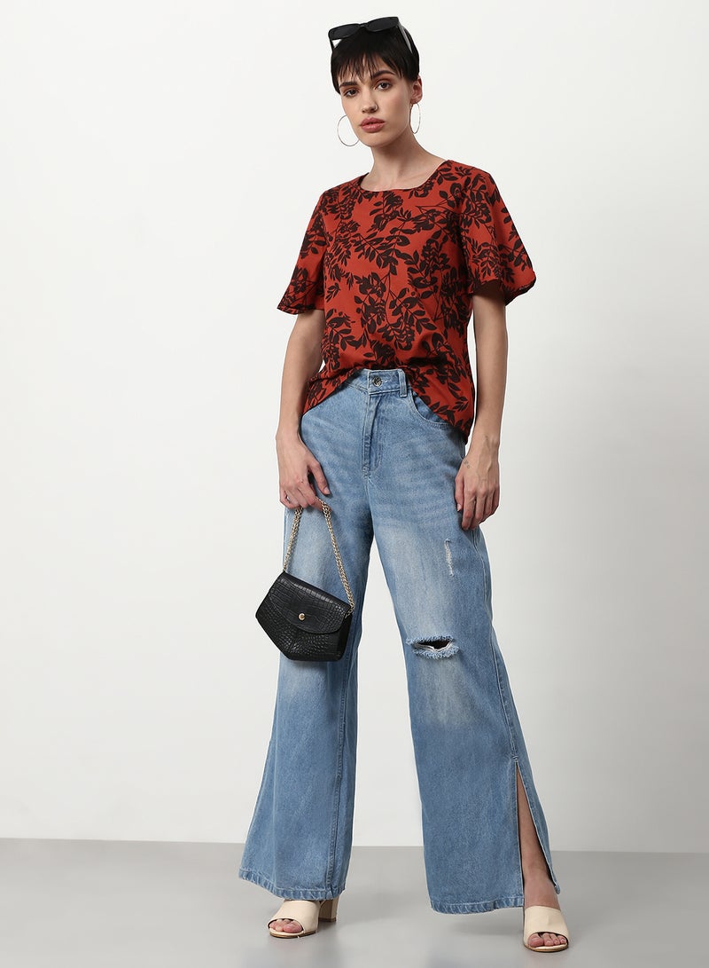 ABOF Printed Casual Woven Top Red Floral Multicolor - Image 3