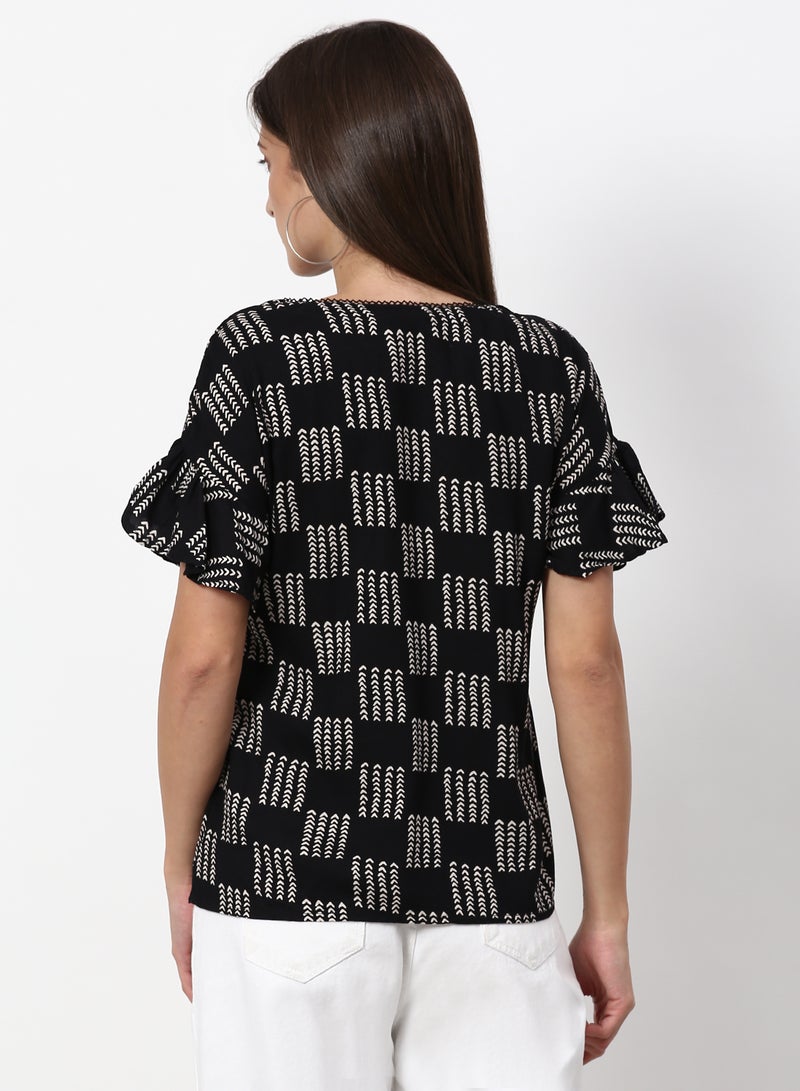 ABOF - Printed Casual Woven Top Black / White - Image 1