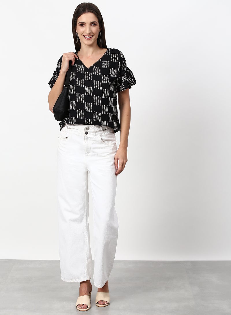 ABOF - Printed Casual Woven Top Black / White - Image 1