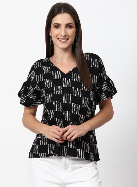 Printed Casual Woven Top Black / White