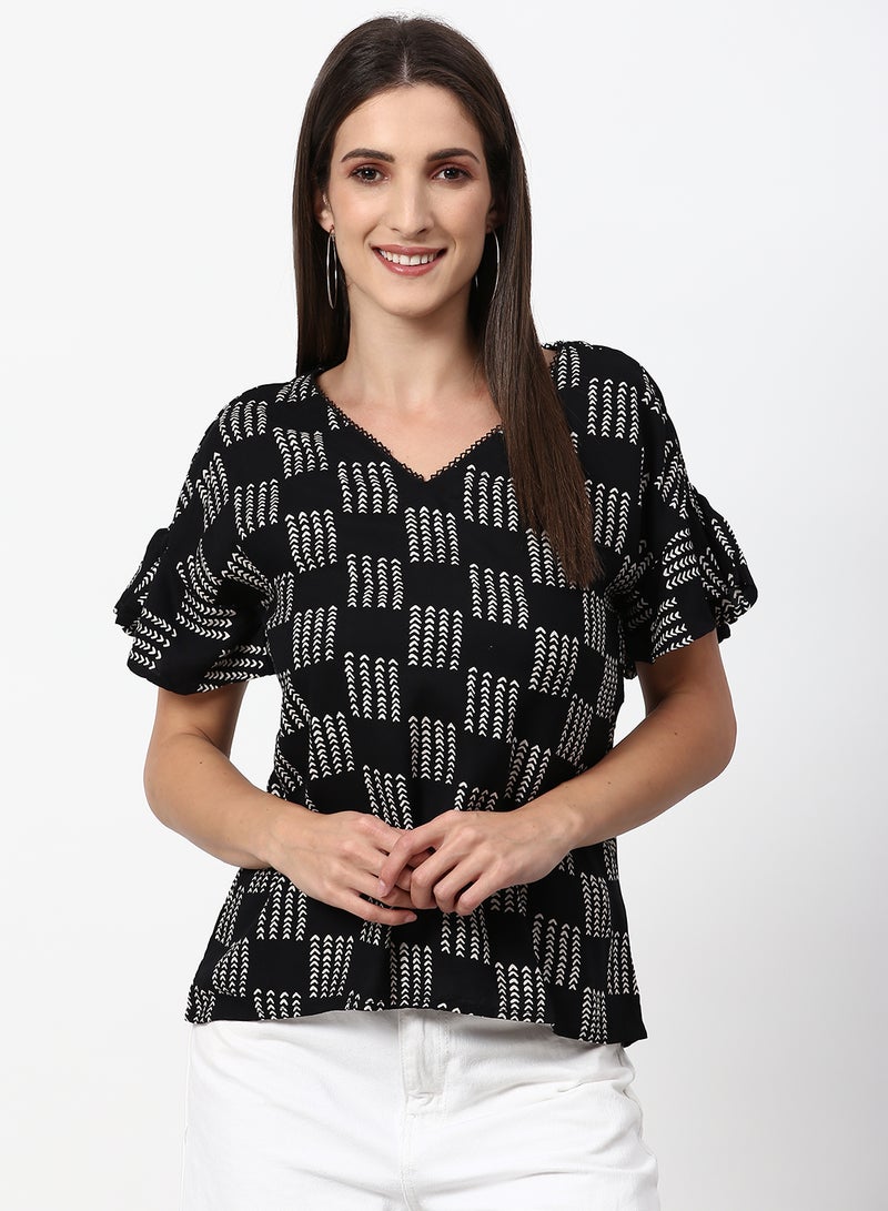 ABOF - Printed Casual Woven Top Black / White - Image 1